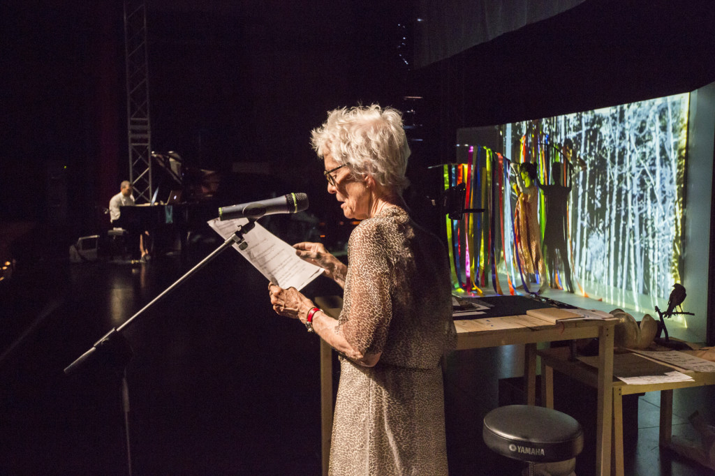 Joan Jonas, They Come to Us without a Word II, 2015. Performance in Venice, Italy, July 2015 with Jason Moran. Photo by Moira Ricci
